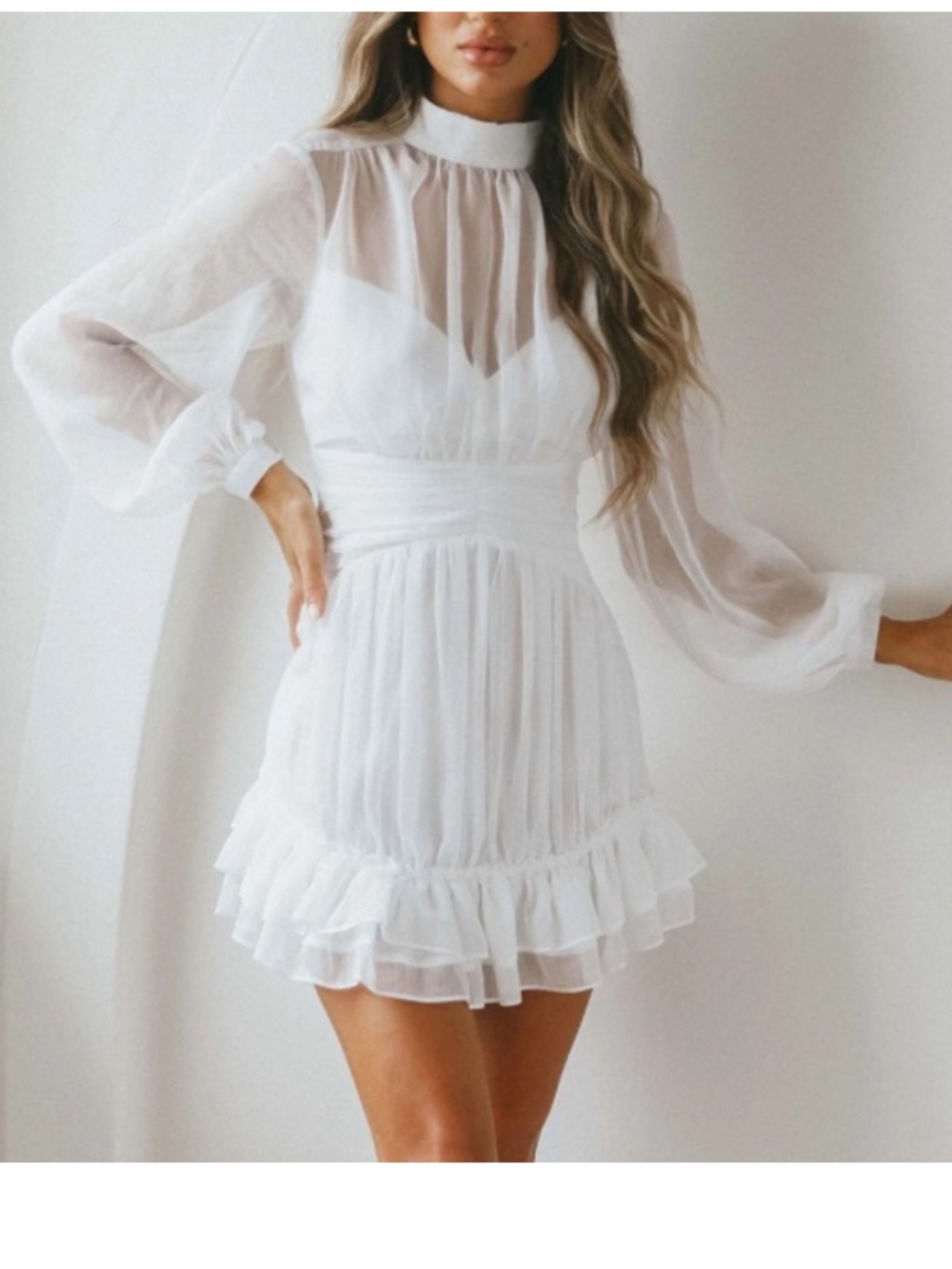 Selfie Leslie MANDALAY HIGH NECK LONG SLEEVE WAISTBAND DRESS WHITE